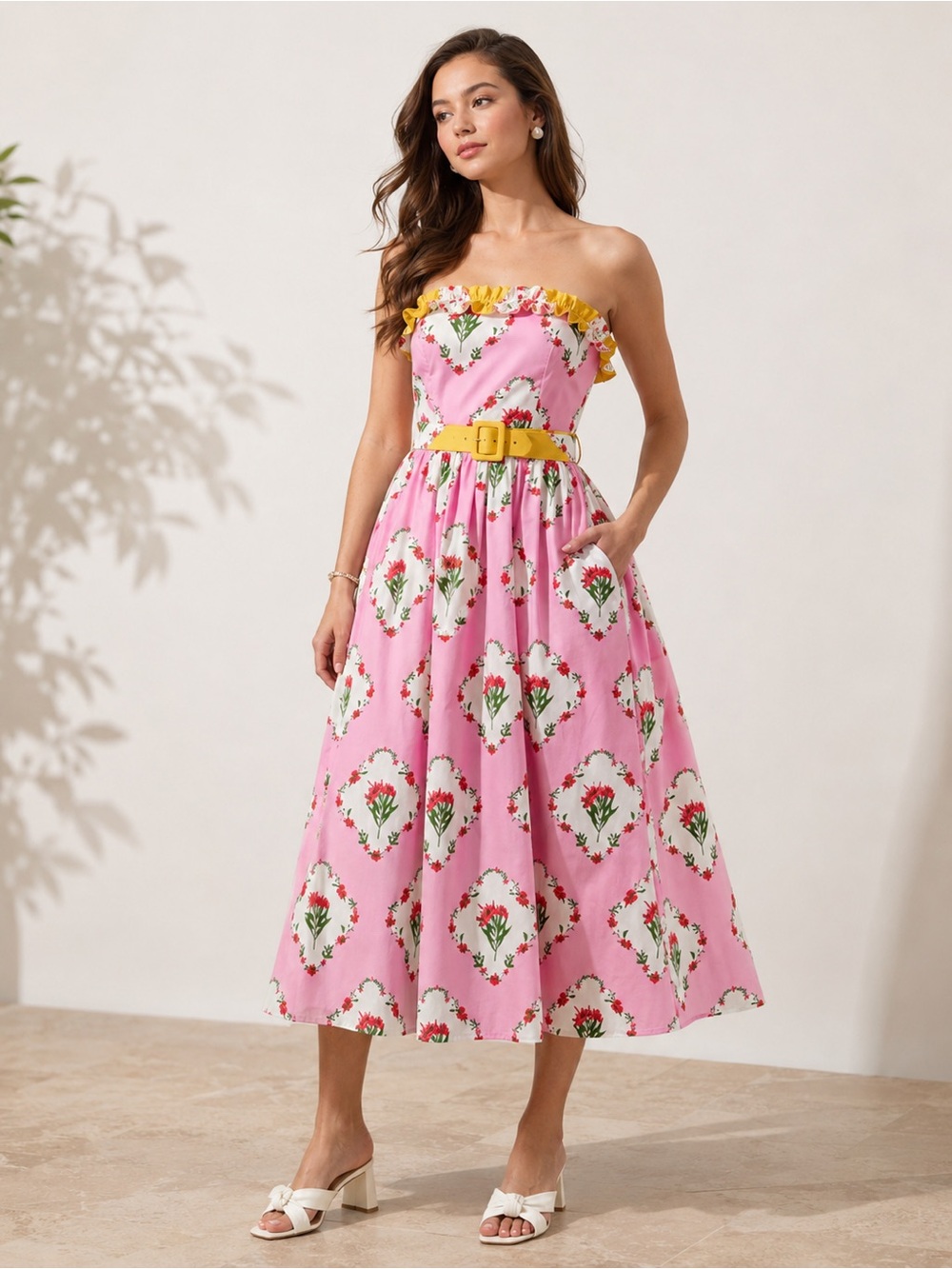 Sugarlips Women's Pink Floral Strapless Ruffle Tie Waist Midi Dress Size XL